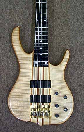 Eastern Tiger Maple — BSR5GN (Neck-thru Model) — Highly Figured Tiger Maple Top & Back ~Rear View~ Displaying the Smith heelless cutaway Neck-thru design.
