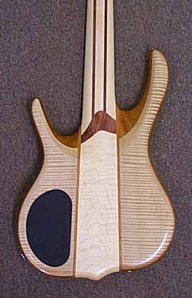 Eastern Tiger Maple — BSR5GN (Neck-thru Model) — Highly Figured Tiger Maple Top & Back ~Rear View~ Displaying the Smith heelless cutaway Neck-thru design.